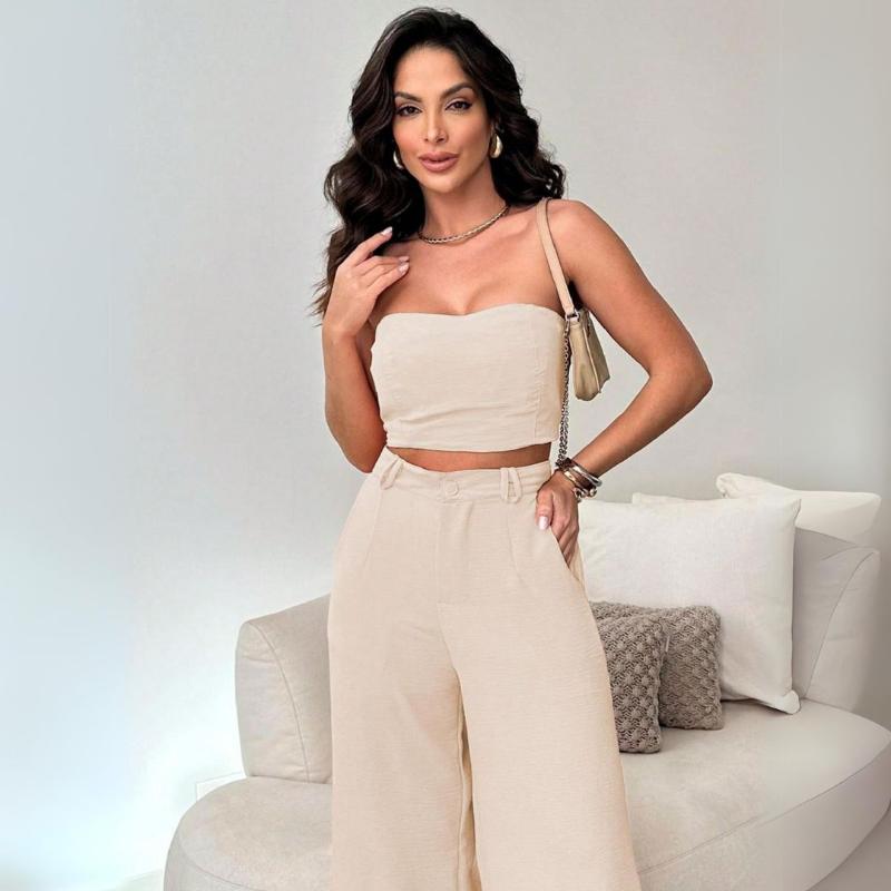 Conjunto Feminino Calca Pantalona Cintura Alta e Cropped em Duna - Kaype Store