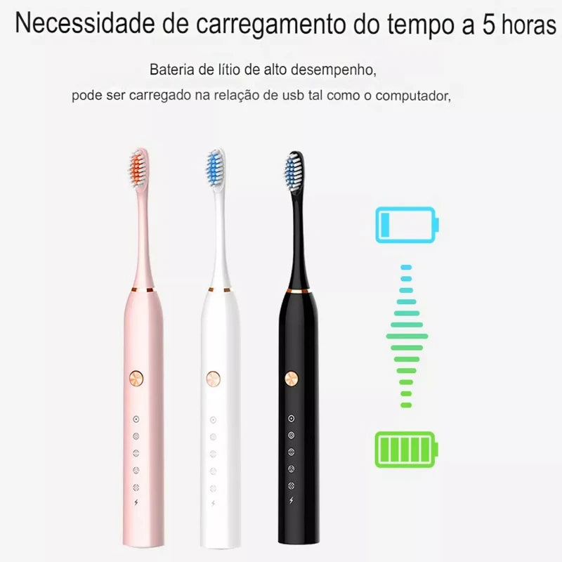 Escova De Dentes Eletrica IPX7 Com Cabeça Substituível Inteligente Ultrassônico A Prova Dagua - Kaype Store