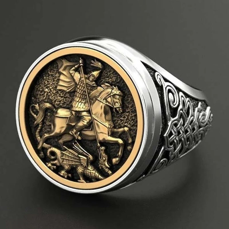 Anel Masculino Prateado com Detalhe em Bronze "São Jorge" - Kaype Store