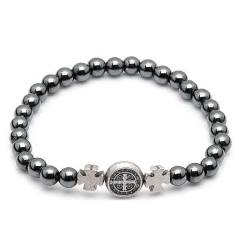 Pulseira Com Medalha São Bento Em Pedra De Hematita- Kaype Store