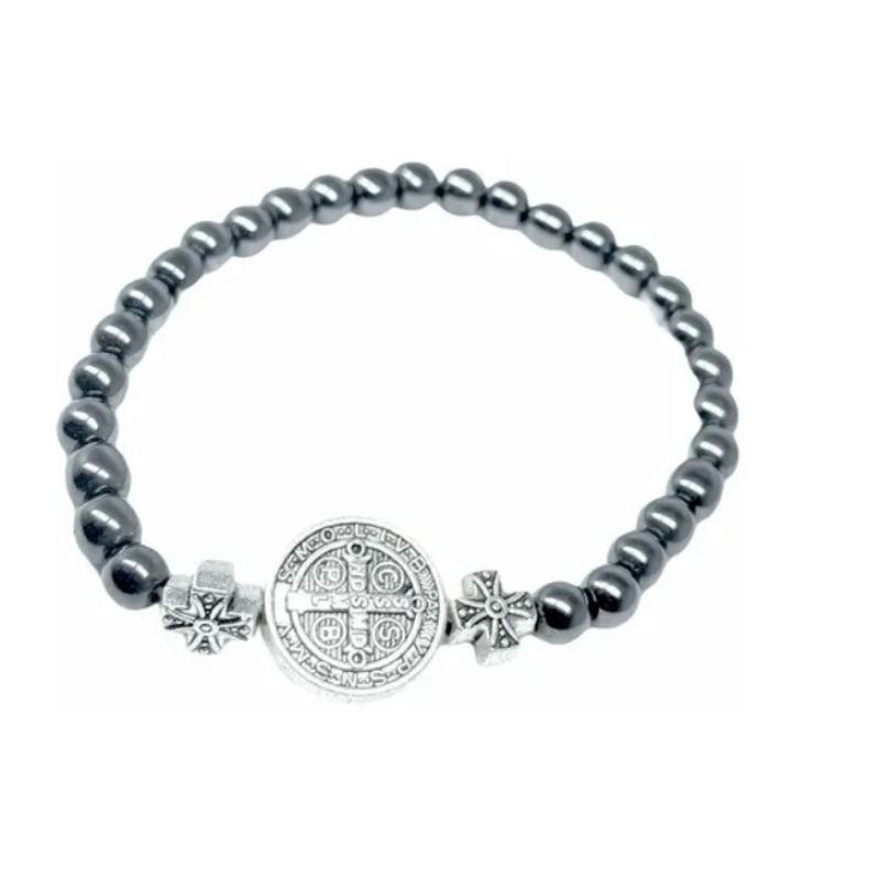 Pulseira Com Medalha São Bento Em Pedra De Hematita- Kaype Store