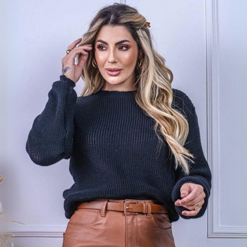 Blusa Cropped Tricot Manga Bufante Outono Inverno - Janine