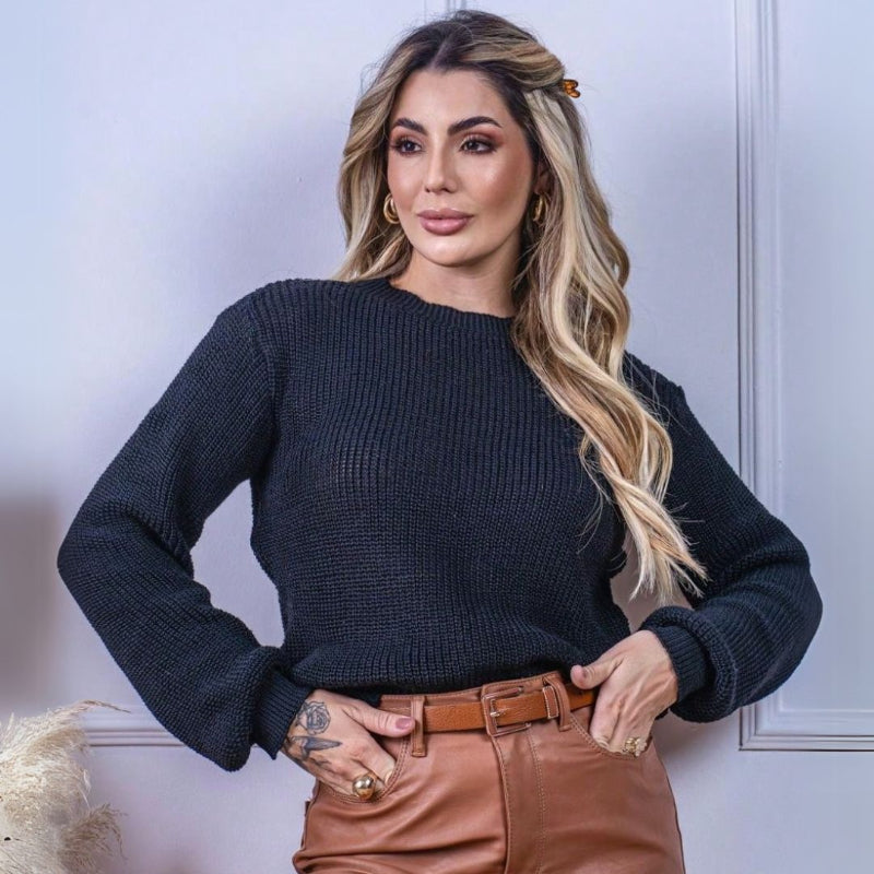 Blusa Cropped Tricot Manga Bufante Outono Inverno - Janine