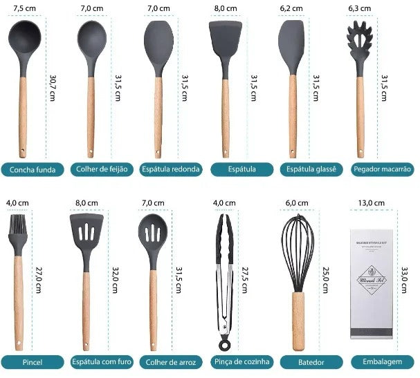 Kit 12 Utensílios De Cozinha Em Silicone E Cabo De Madeira Semi Profissional - Kaype Store