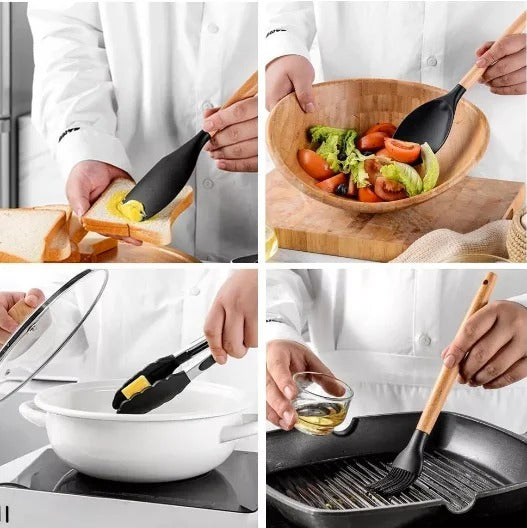 Kit 12 Utensílios De Cozinha Em Silicone E Cabo De Madeira Semi Profissional - Kaype Store
