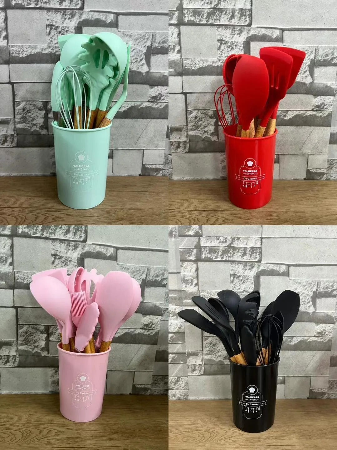 Kit 12 Utensílios De Cozinha Em Silicone E Cabo De Madeira Semi Profissional - Kaype Store