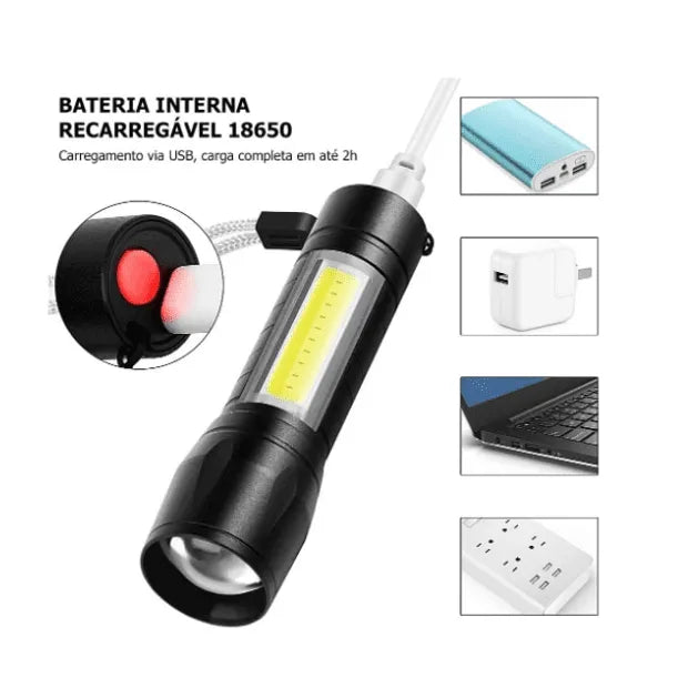 Mini Lanterna LED Recarregável com Zoom Ajustável - Via USB - Kaype Store