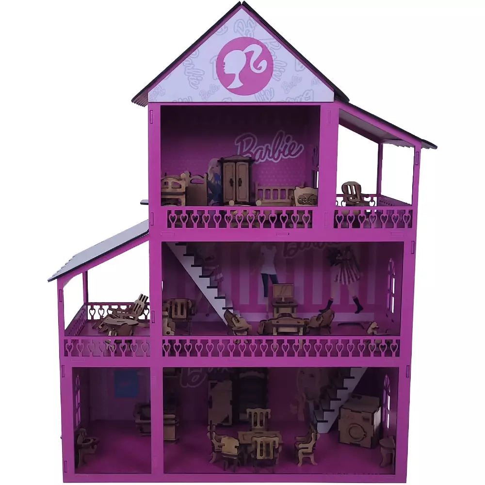 Casinha de Boneca Barbie MDF Pintada Adesivada + 43 Móveis BRQ011 Kaypestore 