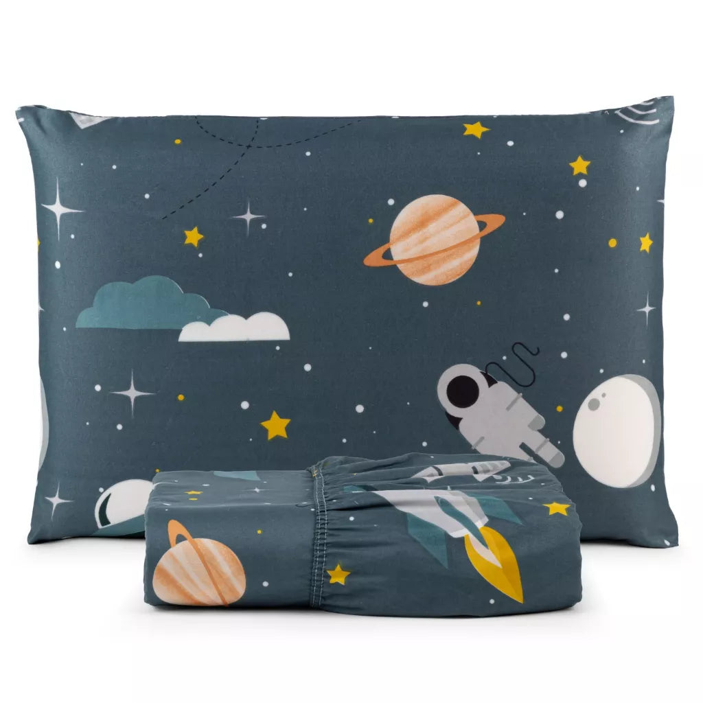 Jogo de Lençol com Elástico Solteiro 02 Peças - Cama Box 200 Fios Toque Macio CA015 Kaypestore Astronauta 