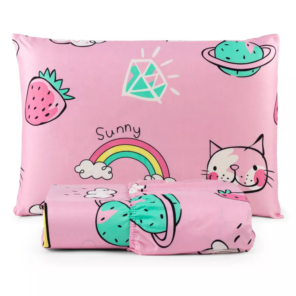 Jogo de Lençol com Elástico Solteiro 02 Peças - Cama Box 200 Fios Toque Macio CA015 Kaypestore Cats - Rosa 