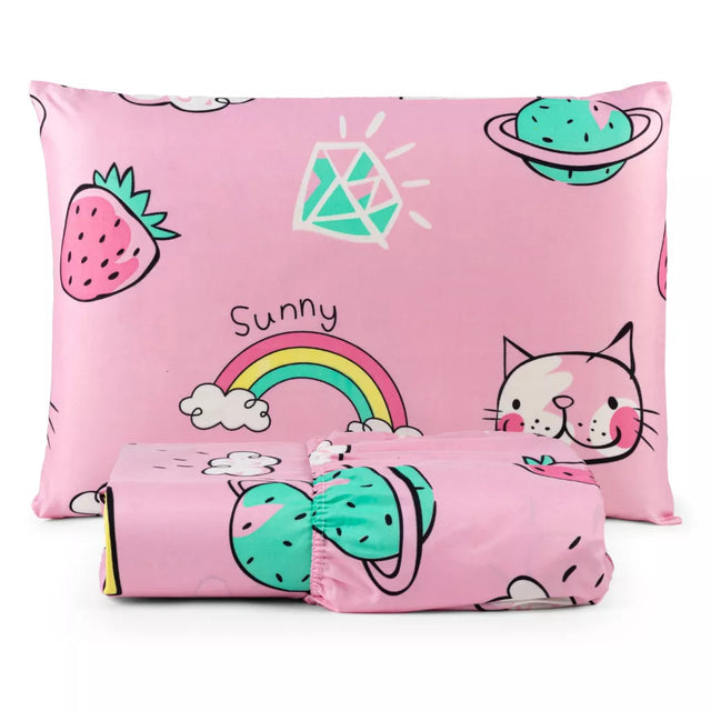 Jogo de Lençol com Elástico Solteiro 02 Peças - Cama Box 200 Fios Toque Macio CA015 Kaypestore Cats - Rosa 