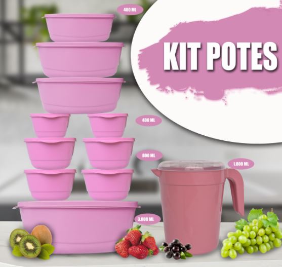 KIT 10 Potes com Tampas Anti-Térmmicos - GANHE 1 JARRA CZ008 Kaypestore Rosa 
