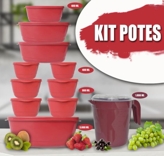 KIT 10 Potes com Tampas Anti-Térmmicos - GANHE 1 JARRA CZ008 Kaypestore Vermelho 