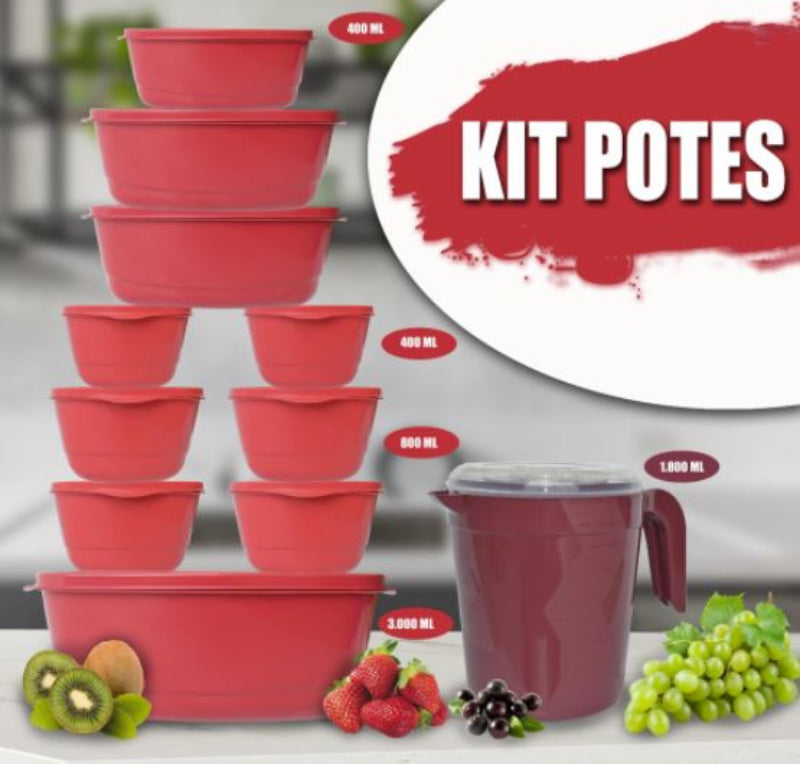 KIT 10 Potes com Tampas Anti-Térmmicos - GANHE 1 JARRA CZ008 Kaypestore Vermelho 