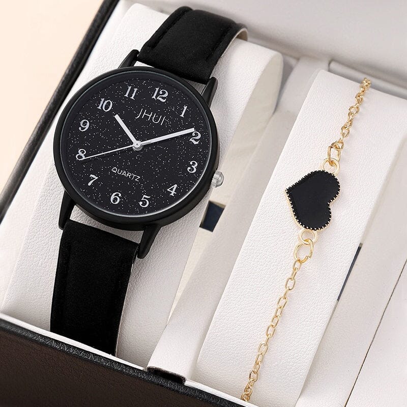 Relógio De Pulso Feminino Casual Pulseira De Couro - Ganhe 1 Pulseira Grátis Kaypestore Preto 