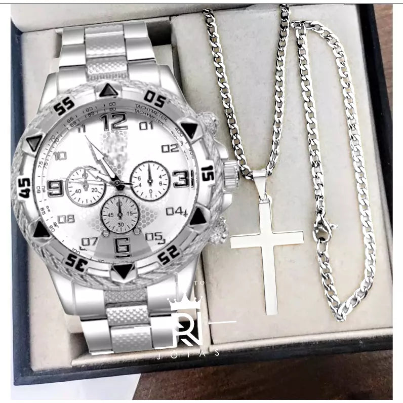 Relógio Masculino Dourado Aço Inox Premium - Pulseira e Corrente de Cruz de BRINDE Kaypestore Prata 