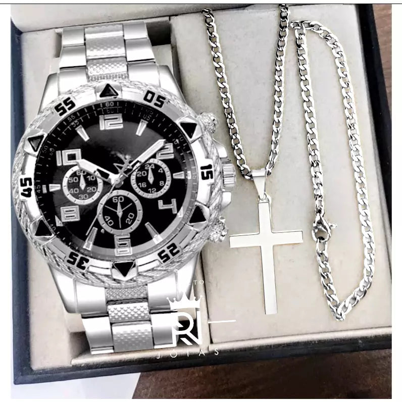 Relógio Masculino Dourado Aço Inox Premium - Pulseira e Corrente de Cruz de BRINDE Kaypestore Prata e Preto 