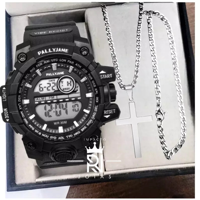 Relógio Masculino Dourado Aço Inox Premium - Pulseira e Corrente de Cruz de BRINDE Kaypestore Preto 