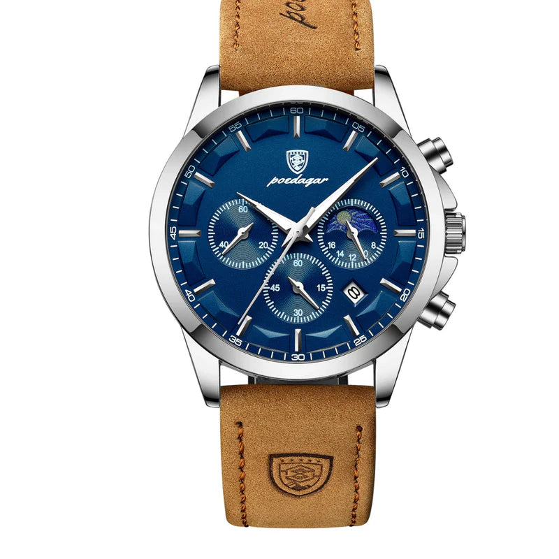 Relógio Poedagar Luxury Classic 921 REL003 Kaypestore Couro Prata e Azul 